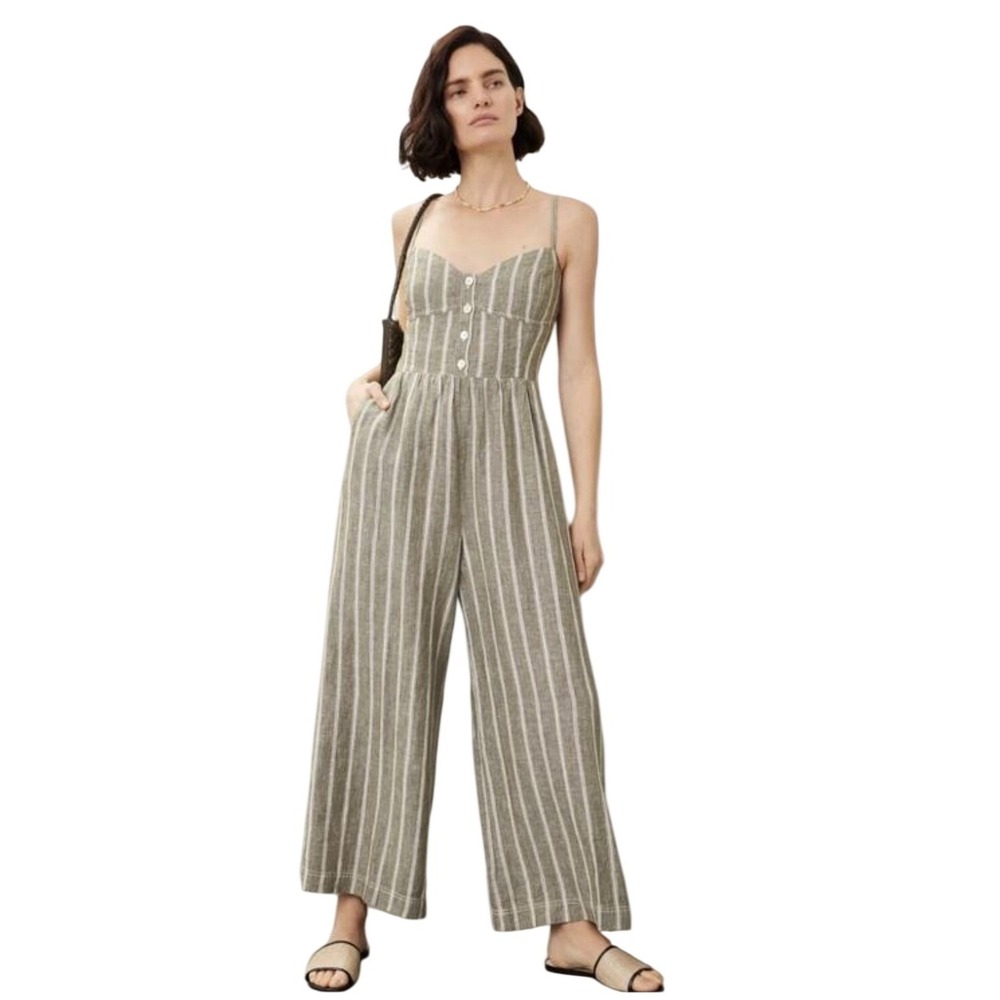 Madewell Campbell Green Striped Linen Wide Leg Jumpsuit NP078 Size 0
